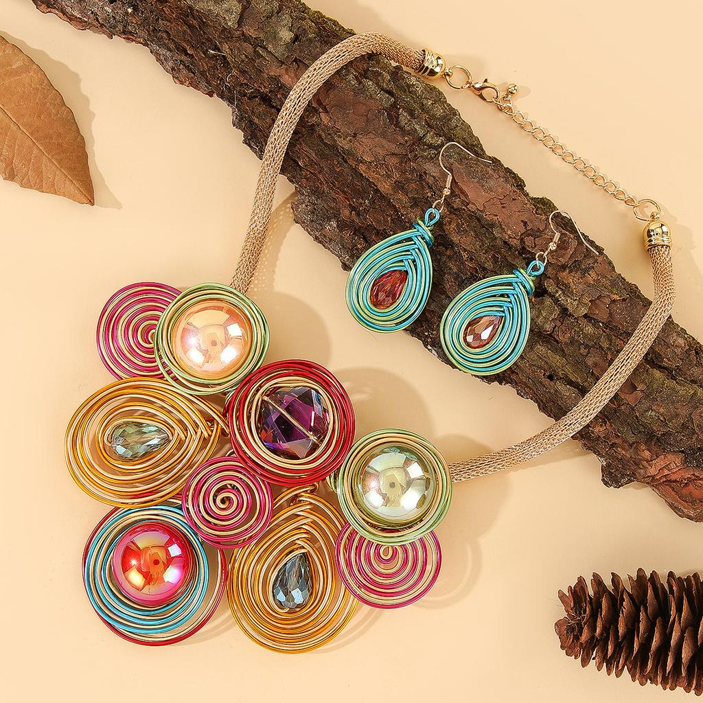 Fashion Luxury Crystal Bead Aluminum Wire Hand Woven Statement Necklace Earrings Jewelry Set For Women Party Dress Accessories