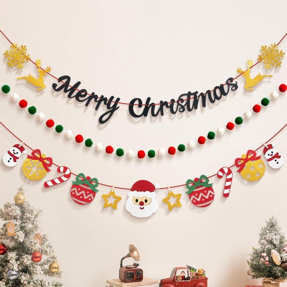 Felt Christmas Banner Red Green Elk Design Xmas Pull Flag Hanging Ornament Santa Design Hanging Bunting Christmas Party