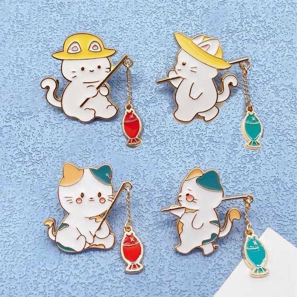 Metal Design Cat Fishing Brooch Cartoon Design Enamel Finish Cartoon Cat Pin Cute Animal Chain Pendant Creativity Brooch