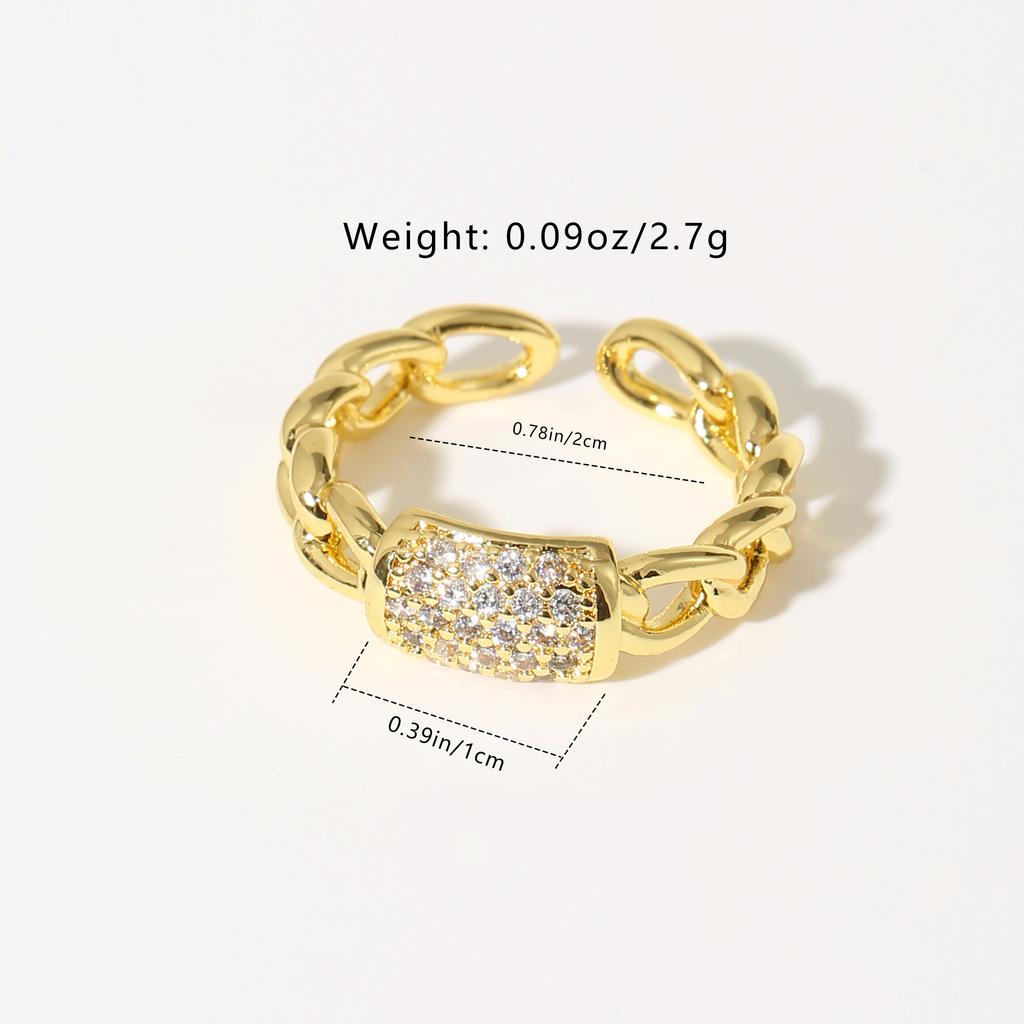 Golden Plated Cuban Link Open Adjustable Ring with Synthetic Zircon Heart for Women Trendy Statement Jewelry Gift
