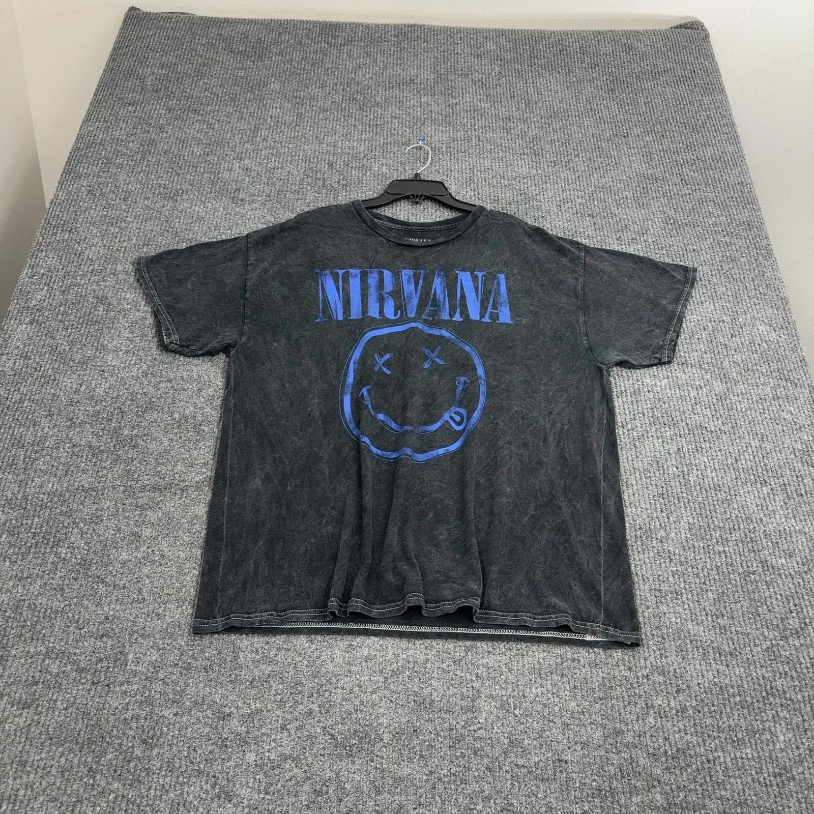 Nirvana T Shirt Men XL Black Cotton Acid Wash Blue Smiley Face Graphic Grunge XL