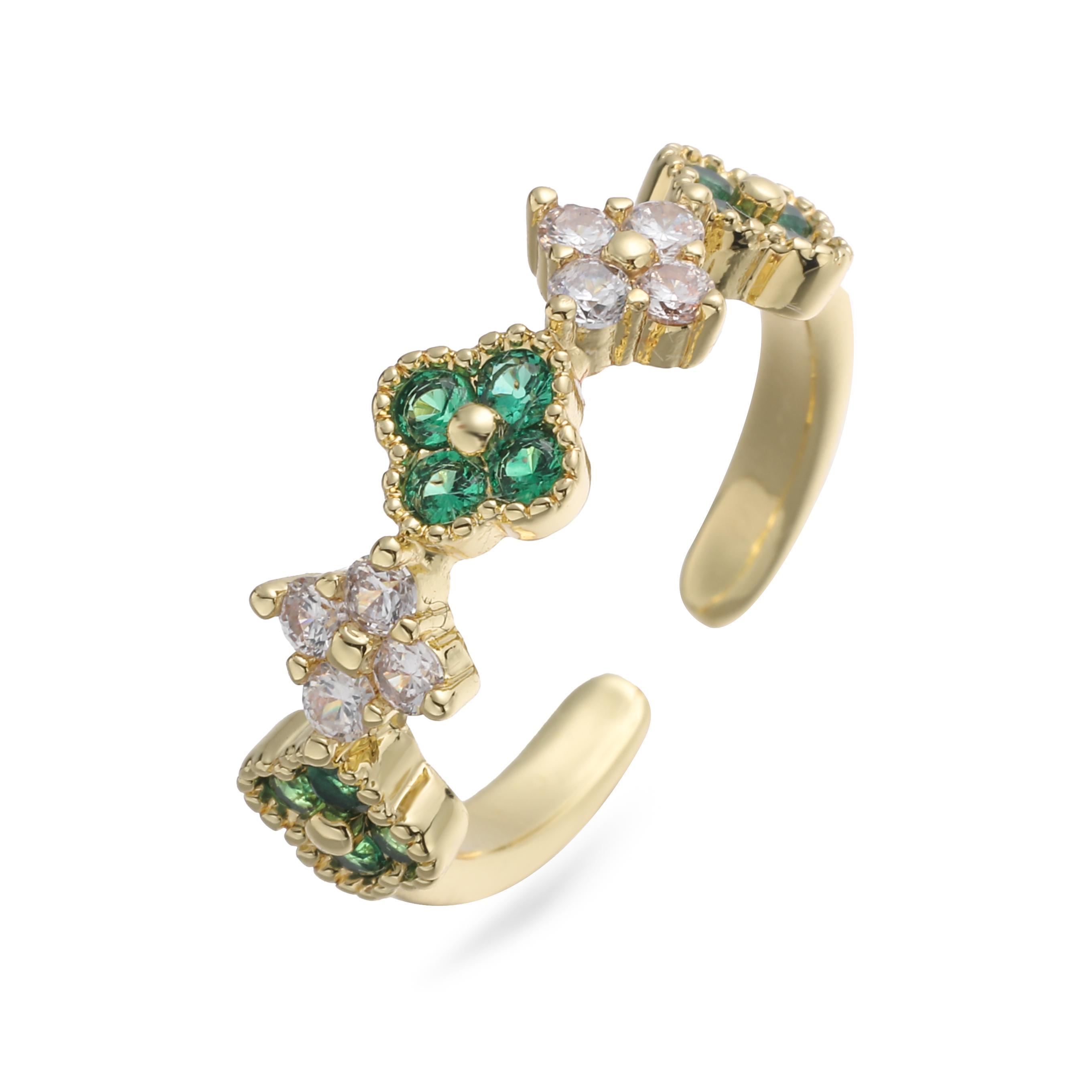 HECHENG,French-Style Exquisite Four-Leaf Clover Zircon Ring Brass Metal Zircon Women s Engagement Gift 1 Piece resizable