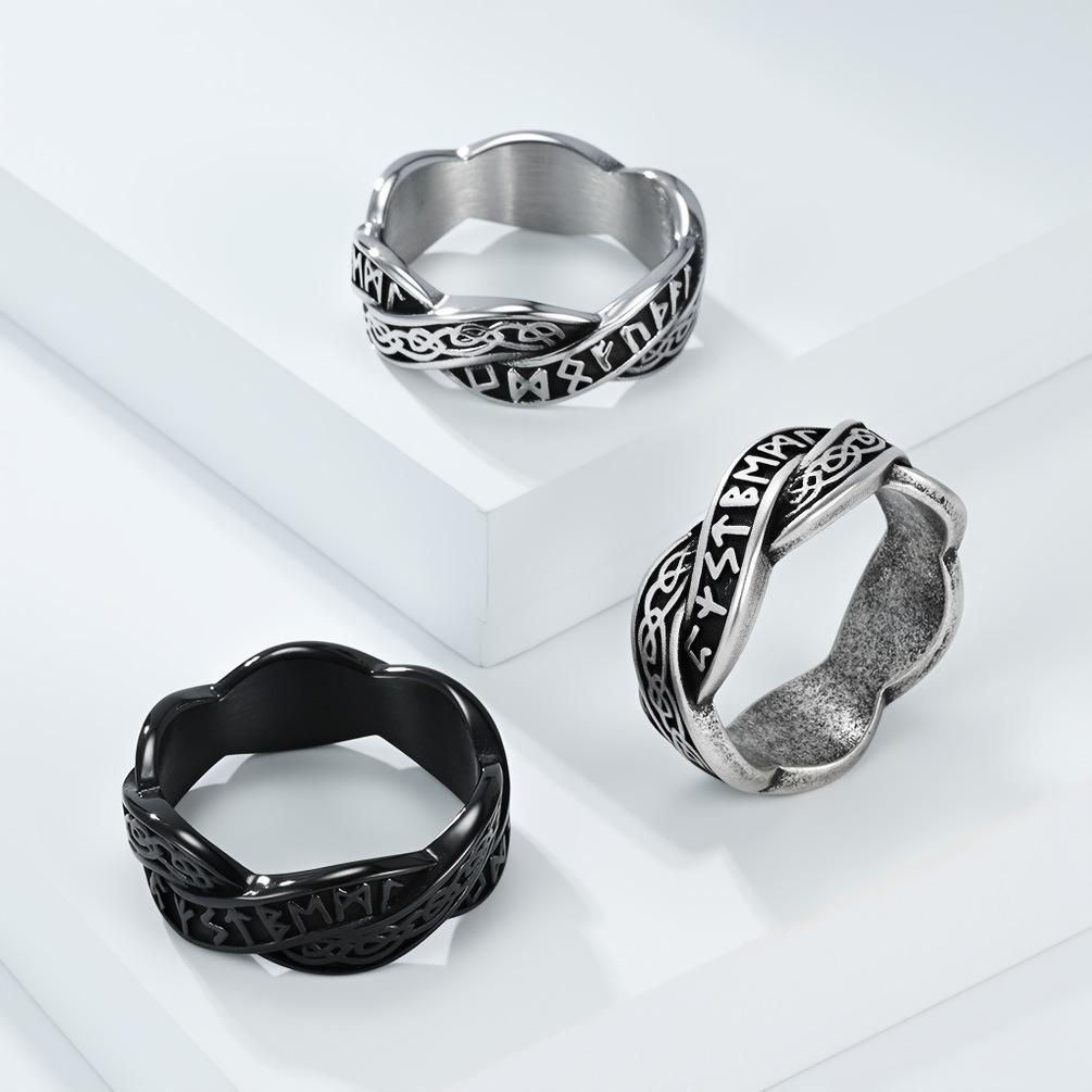 Nordic retro Viking text woven eternal knot, titanium steel ring, men's and women's niche design wedding ring, artistic food ring