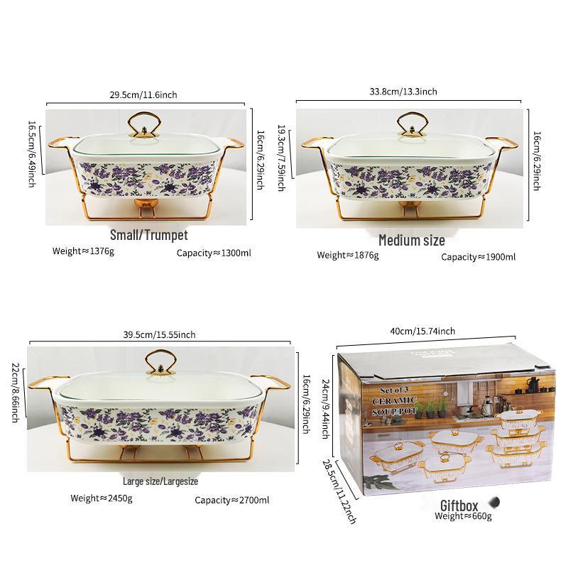 Luxury Ceramic Tableware Set: Rectangular Baking Pan, Casserole Stand, Candle-Heated Soup & Dry Pot