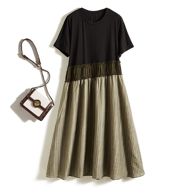 

Let Elegant Be Engraved in the Bone! Women Fake Two Pieces Patchwork Irregular round Neck Cotton Matching Organza over the Knee Dress Summer Black XL