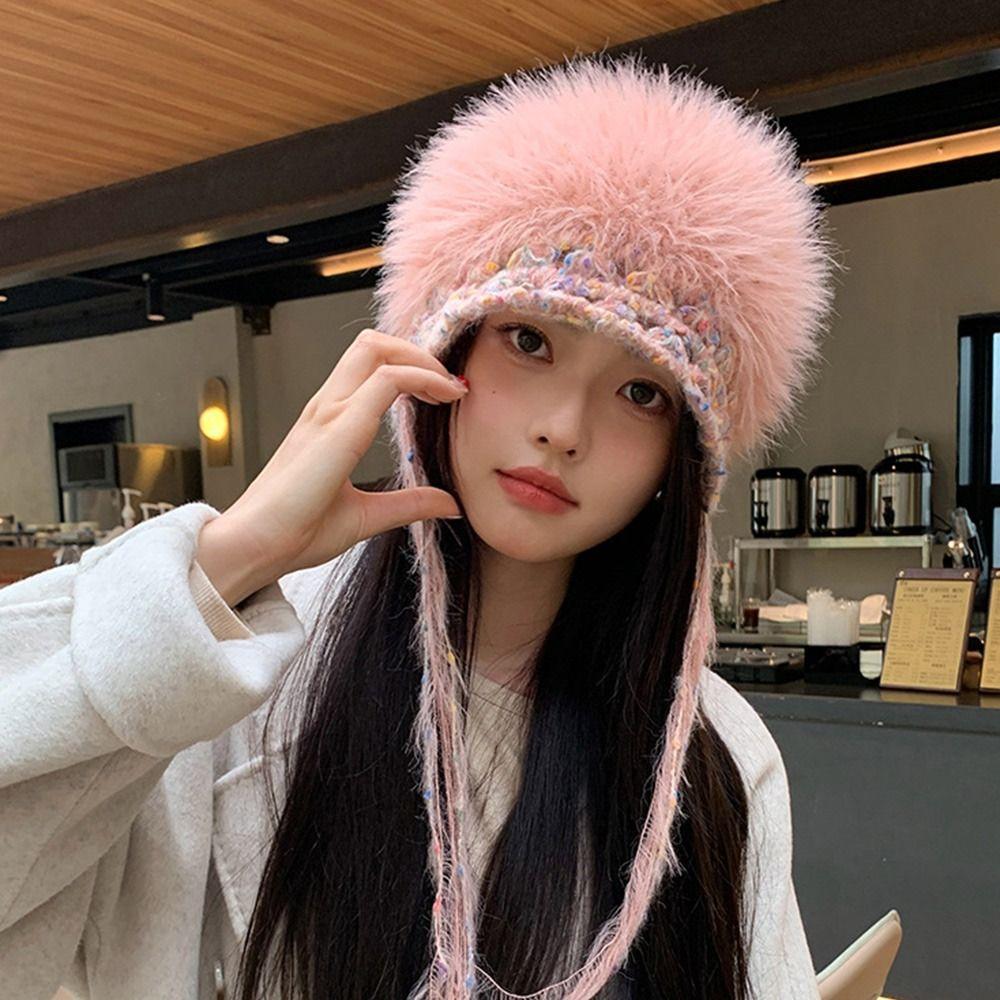 Mixed-color Straps Handmade Knitted Cap Ear Protection Winter Warm Cap  Women Girls Maiden