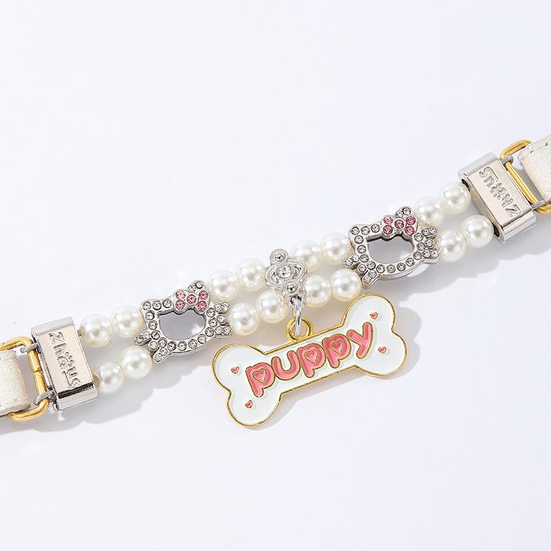 New Pet Bead Big Bone Hanging Collar, Small Cat Dog Simulation, Pearl Rhinestone, Cat Head Bead String, Cat Chain Item