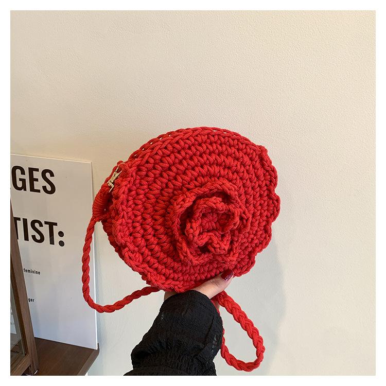 New crochet flower small round bag, candy-colored messenger bag, cute shoulder bag, women's woven handmade.