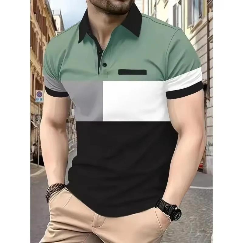 Men's 3D Printed Minimalist Geometric Polo Shirt with Colorful Striped Pattern Short Sleeved Button Top Loose Polo Shirt