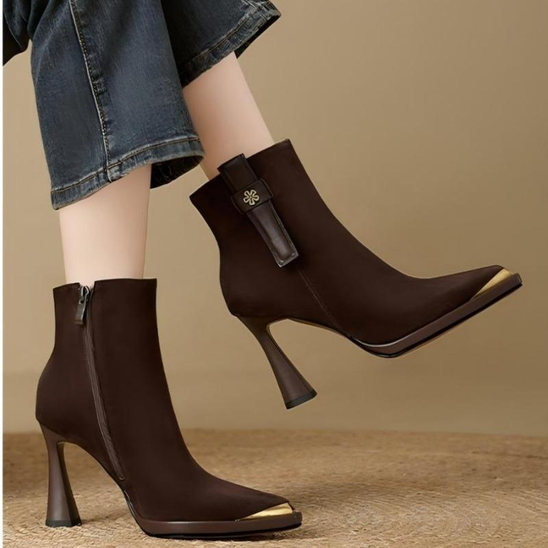 

Модные женские ботильоны на высоком каблуке, дизайнерская роскошная обувь, зимние модные туфли-лодочки для платья 2025, элегантные с острым носком, сексуальные женские ботильоны 39 коричневый