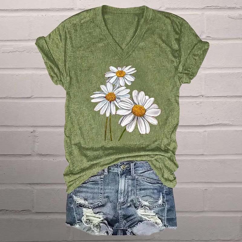 

Модні Блузки з Малюнком Свіжих Ромашок з Коротким Рукавом та V-подібним Вирізом, Повсякденні Футболки 8XL зелений