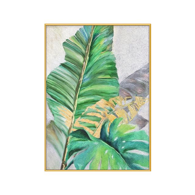Abstraktes grünes Blatt-Ölgemälde, Stickerei, Blume, goldene Blume, Leinwand-Poster, Portikus-Wanddekoration