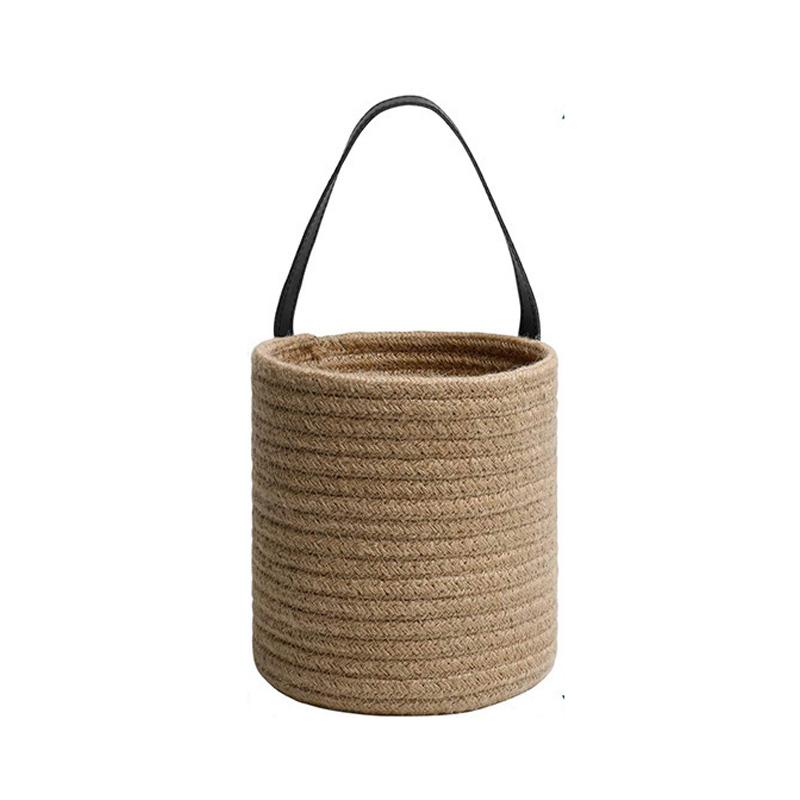 Hanging Cotton Rope Storage Basket Boho Woven Wall Basket with Leather Handle for Plants Towels Toys Rustic Home Decor Organizer