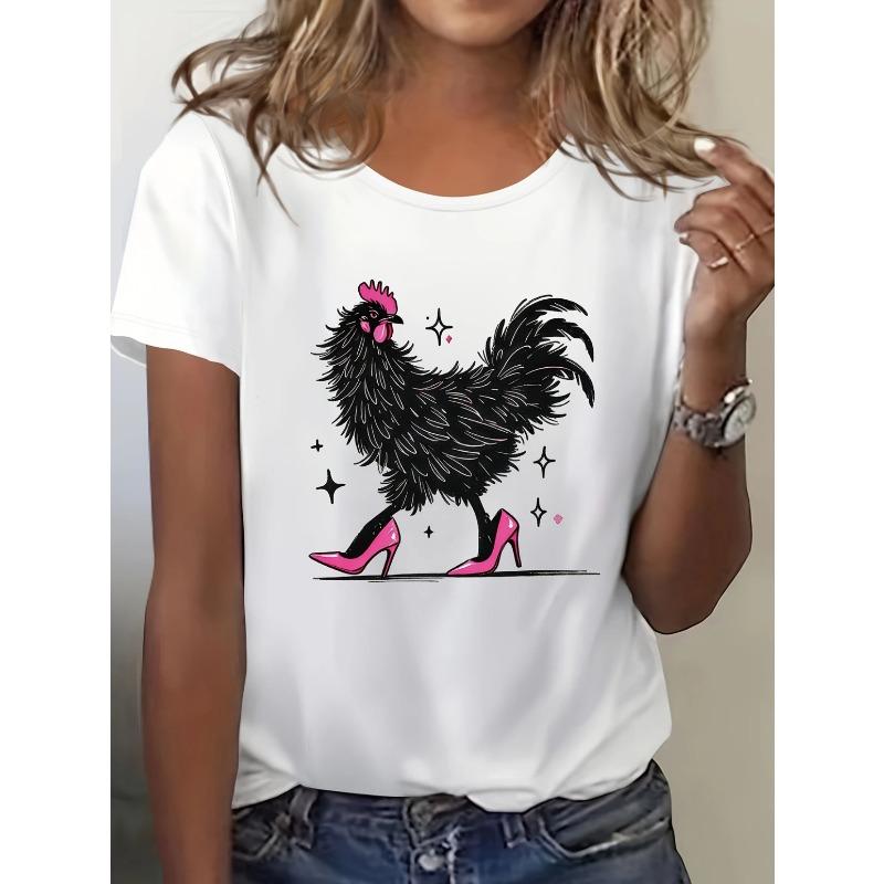 Women's Cartoon Rooster & Stars Graphic Print Cotton T-Shirt - Loose Fit Round Neck Short Sleeve, Breathable Casual Summer Top for Daily