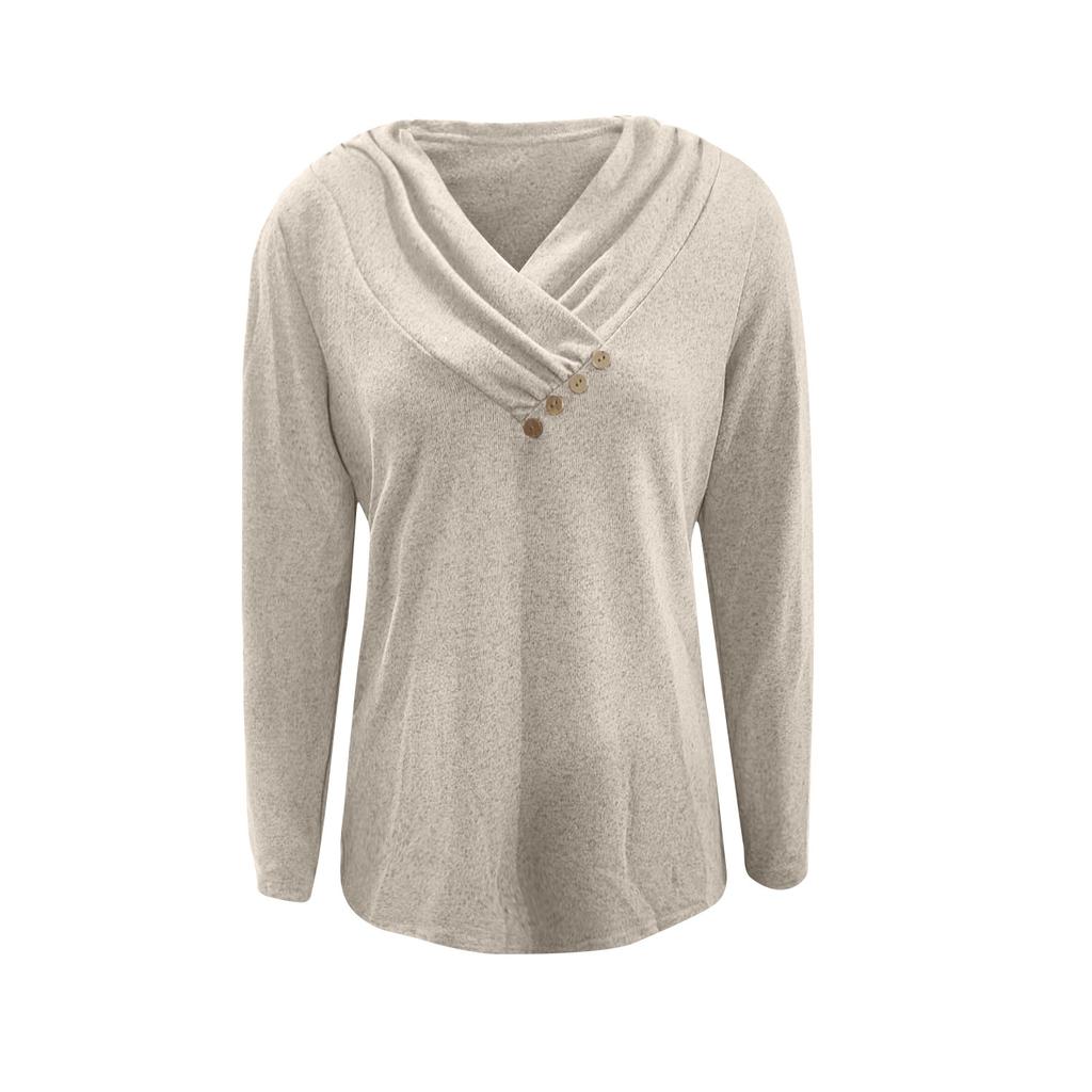 Women's Autumn And Winter Casual Solid Color Long Sleeve Drawstring Bottom V-Neck Button Down Shirt Sweatshirt Top