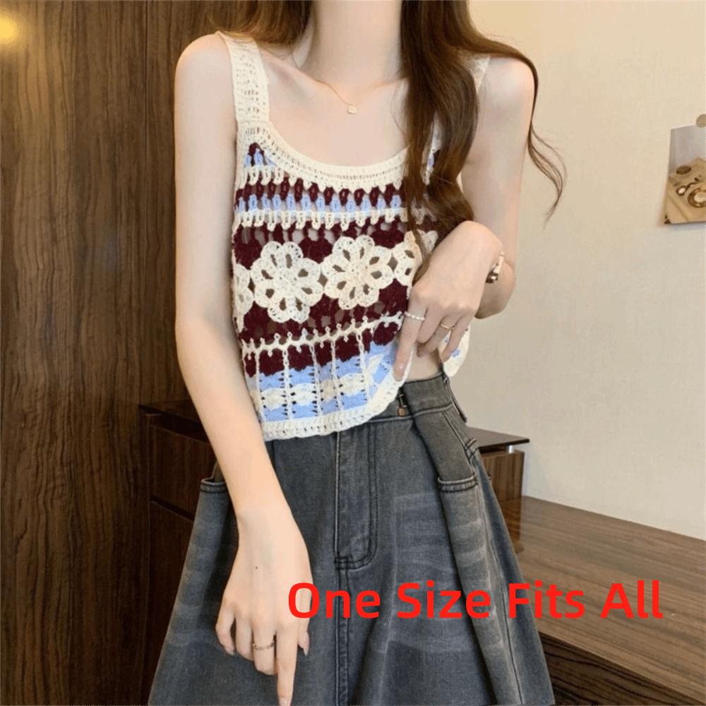 Short Knitted Vest Polyester Fiber Sleeveless Top Sweet Hollow Out Top Women's