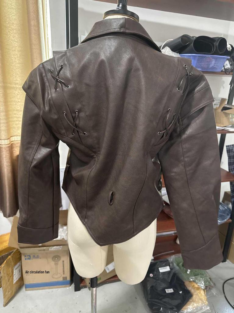 2024 Retro Lace-up Faux Leather Jacket with Lapel Shawl - Women's Casual Winter Fashion