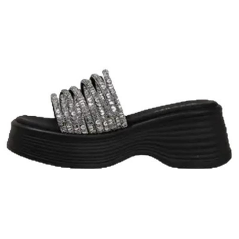 Slope heel rhinestone thick-soled one-word slippers summer new outer wear with skirt open-toed cool slippers