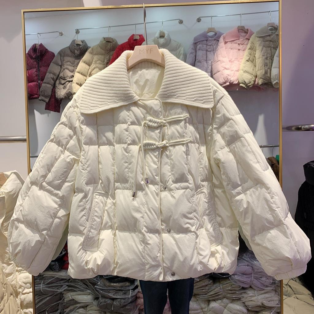 Down Jacket Women's Knitted Large Lapel Collar Short Winter Design Retro Double Button White Duck Down Thickened Coat