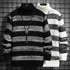 Men's Autumn and Winter Warm Striped Pullover Knit Sweater High Neck Casual Pullover Long Sleeve Sweater