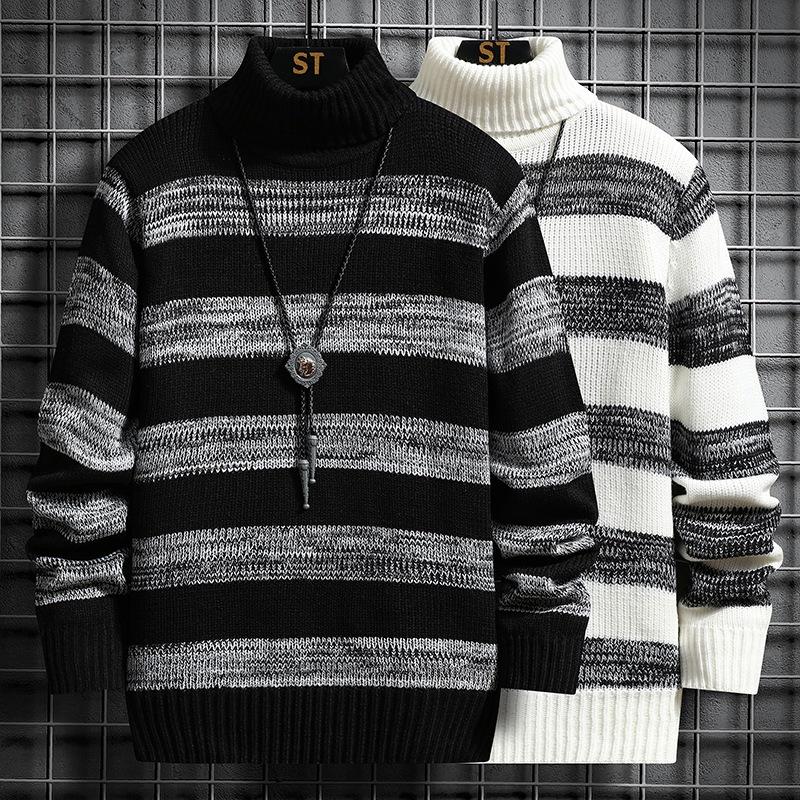 Men's Autumn and Winter Warm Striped Pullover Knit Sweater High Neck Casual Pullover Long Sleeve Sweater