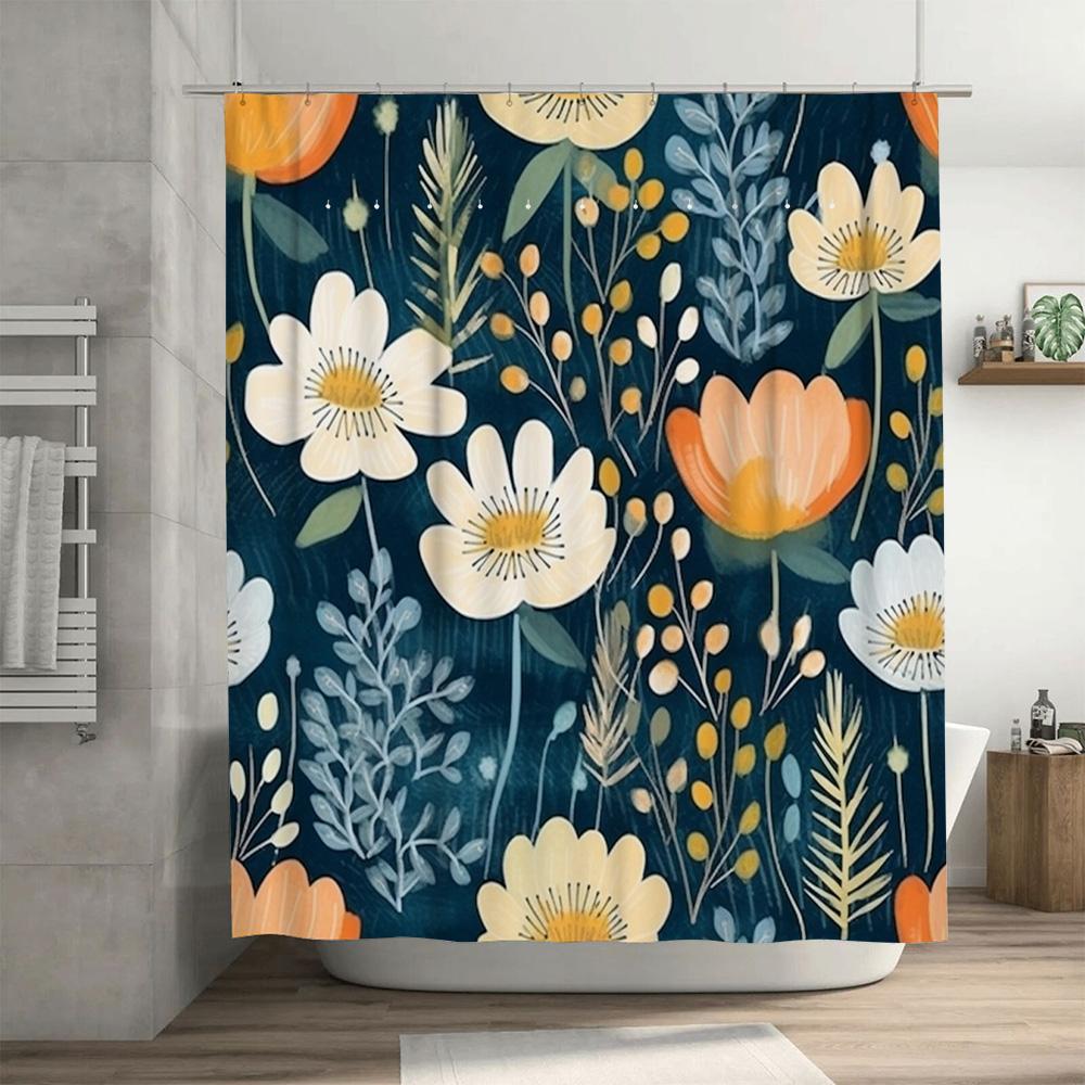 Rustikaler Blumiger Duschvorhang Blau Weiß Gelb Orange Badezimmer Dekor Sichtschutz Stangentasche Haken Für den Heimgebrauch Modernes Design Wasserdicht