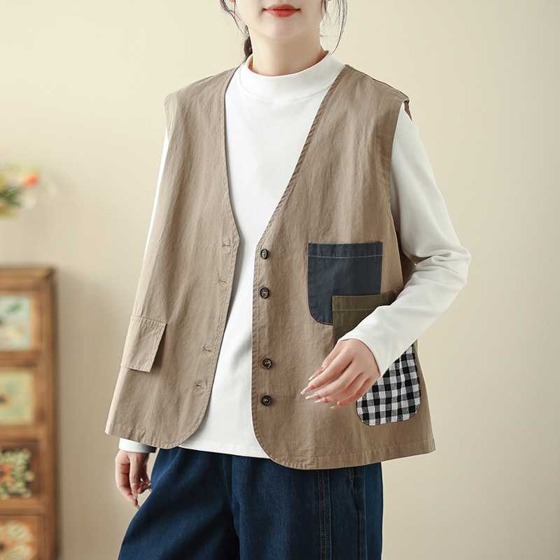 Women Cotton V Neck Vest Sleeveless Patch Pocket Button Down Vintage Casual Loose Waistcoat Gilet