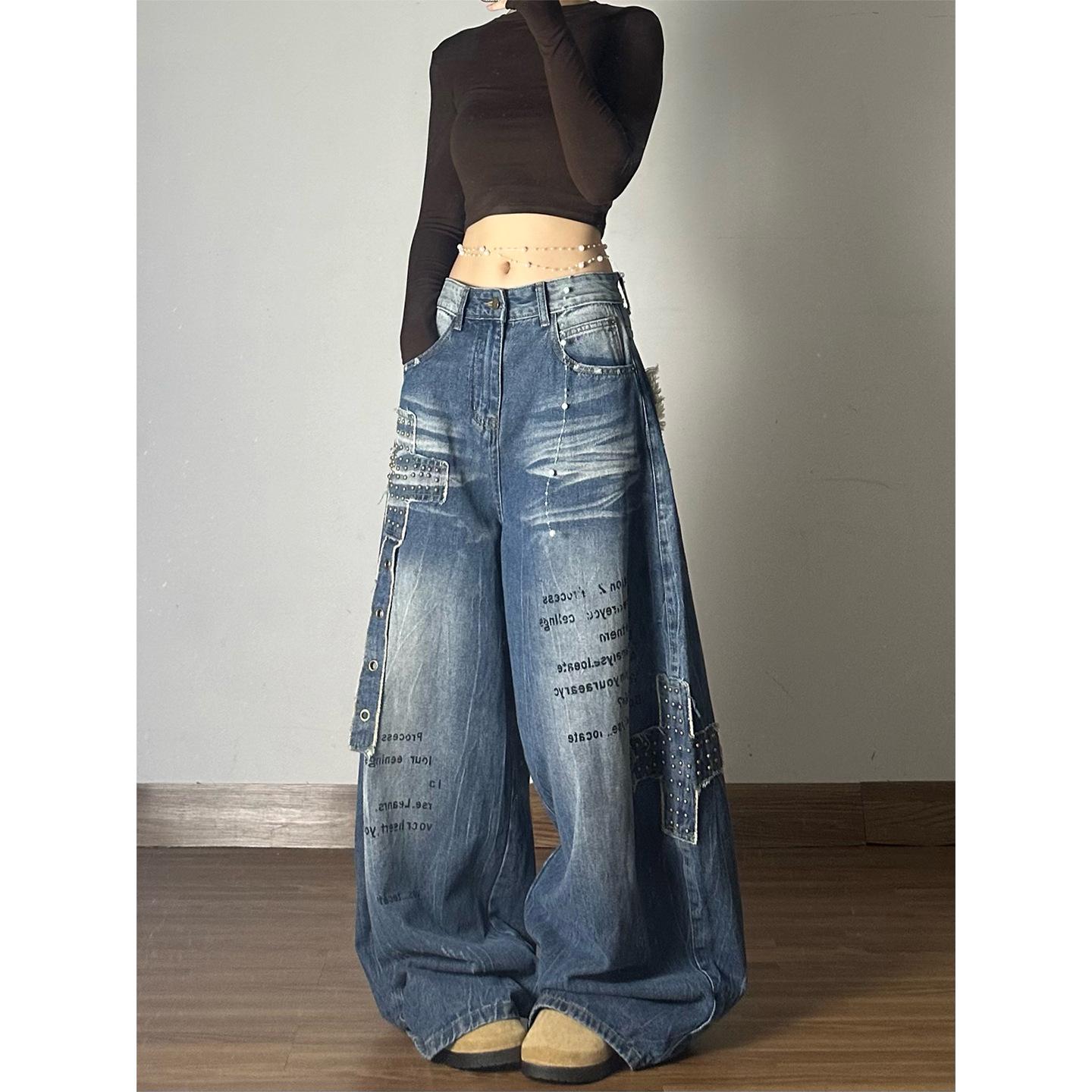

2025 Американские Острые Девушки Широкие Джинсы с Потертостями и Заклепками для Женщин - Осенний Уличный Стиль Small синий