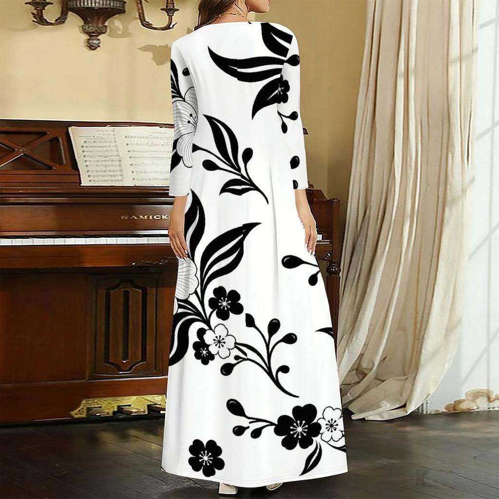 Women Plus Size V Neck Three Quarter Sleeve White Purple Floral Printed Long Dress