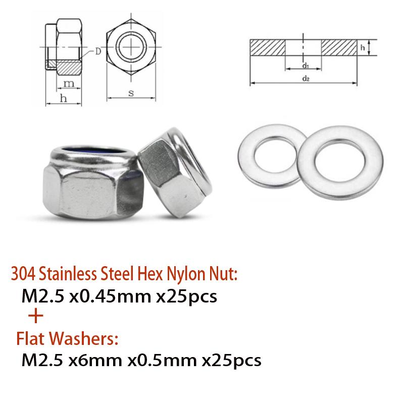 5-25pcs M2-M4 304 Stainless Steel Hex Nylon Insert Lock Nut Self-locking Locknut Locknut Whit M2-M4 Flat Washers