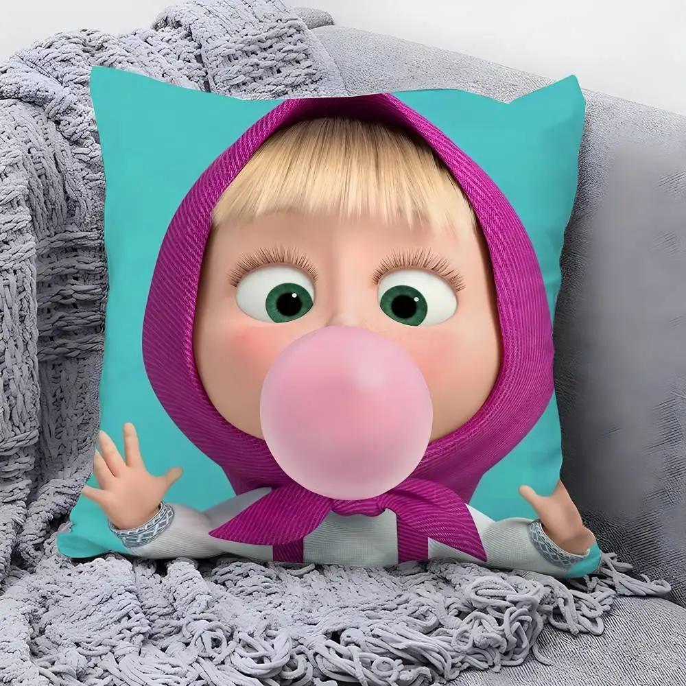 Cartoon Cute M-MashaS And The Bear Pillow Case Square Double‑Sided Print Cushion Case For Sofa Home Bedchamber Decor Gift