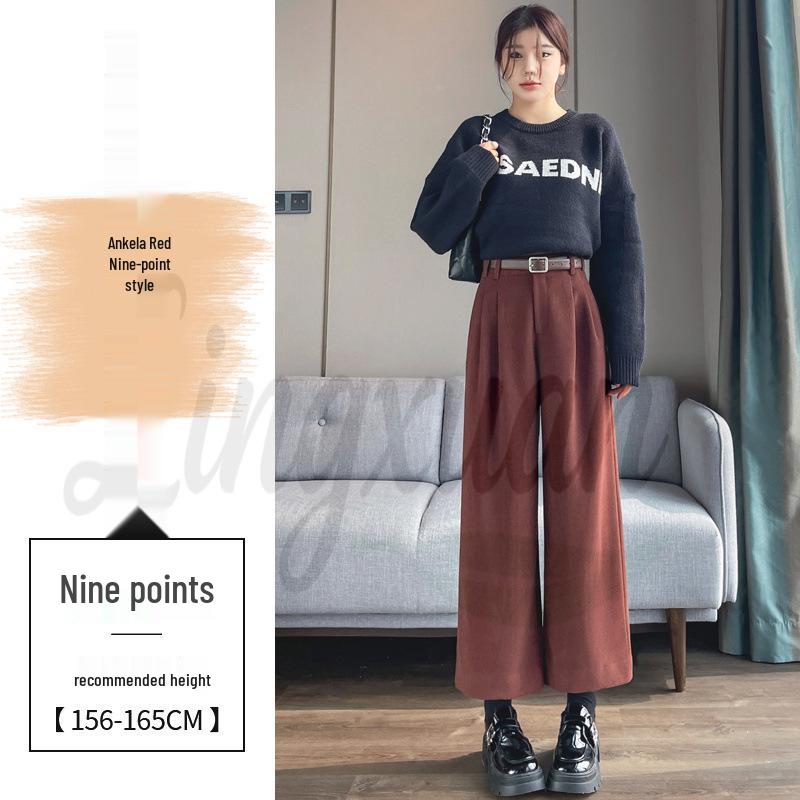 Real Shot 2026 Autumn/Winter Women's Plus Velvet High-Waisted Cropped Woolen Trousers - Straight, Narrow, or Wide Leg Styles