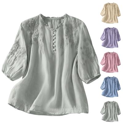 Women's Loose Embroidered V-Neck 3/4 Sleeve Casual Blouse