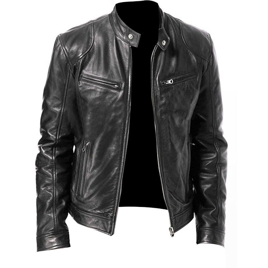 Men's Leather Jacket Standing Collar Biker Leather Jacket Jacket