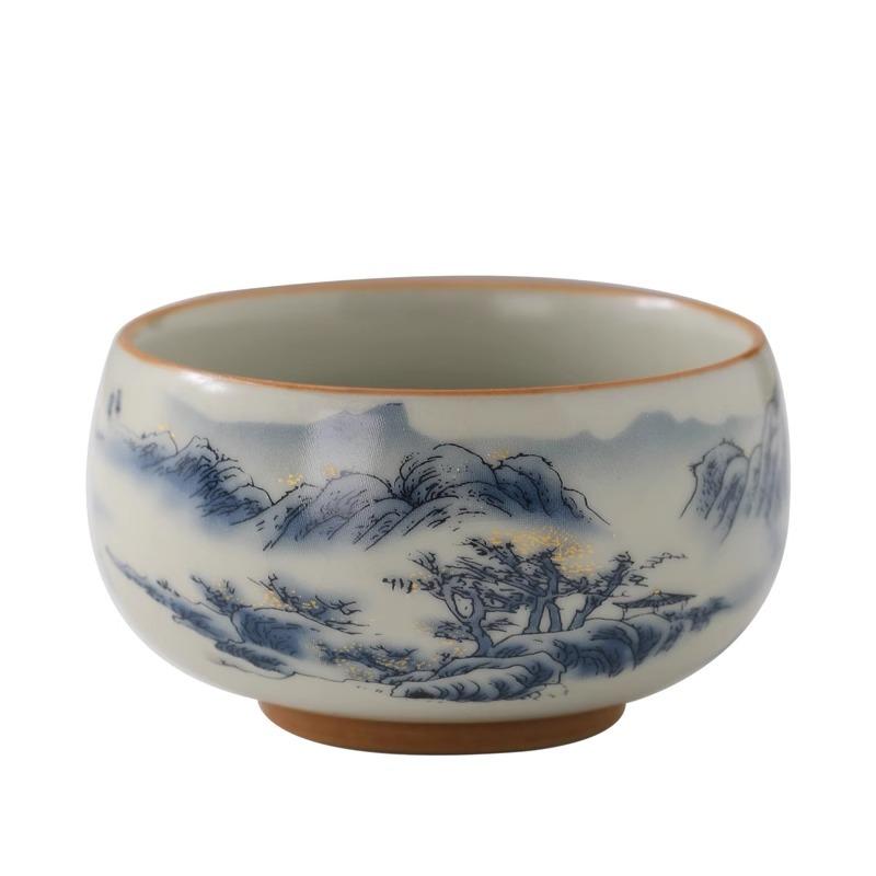 1pc  Beige Ru Kiln Master Cup Single Cup Ceramic Household Kung Fu Tea Cup Retro Blue and White Cup  Master's Cup Tea Set