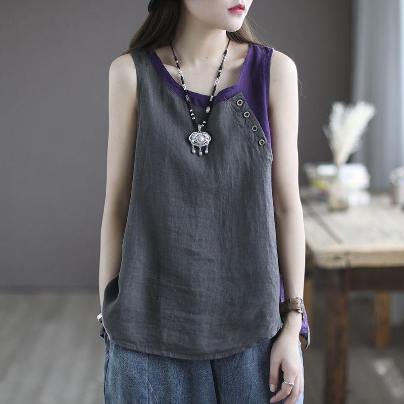Summer New Loose Camisole Vest Women's Thin Asymmetric Top Button Decoration Splicing Design