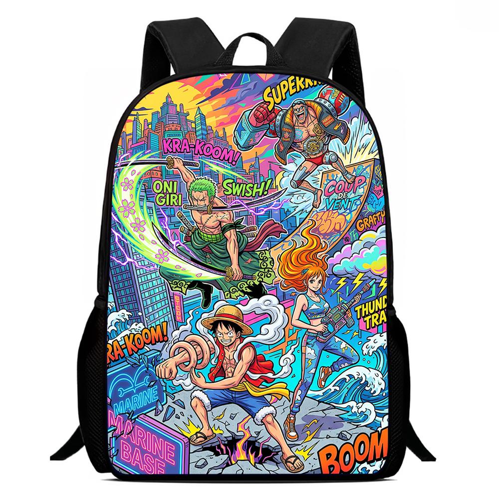 15 Inch Cartoon One Piece Mochila Backpack, Light Weight Unisex School Backpack for Boys Girls Age 6-10 Casual Travel Daypack