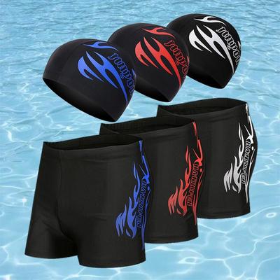 Men's Quick-Dry Square Leg Swim Trunks & Cap Set, Plus Size, Loose Fit, Anti-Embarrassment Polyester.