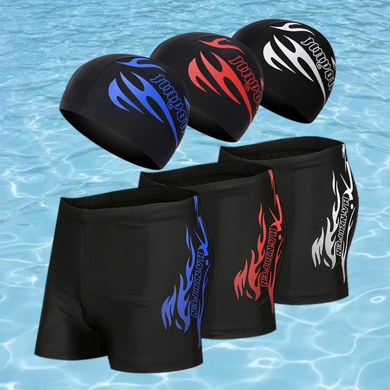 Men's Quick-Dry Square Leg Swim Trunks & Cap Set, Plus Size, Loose Fit, Anti-Embarrassment Polyester.