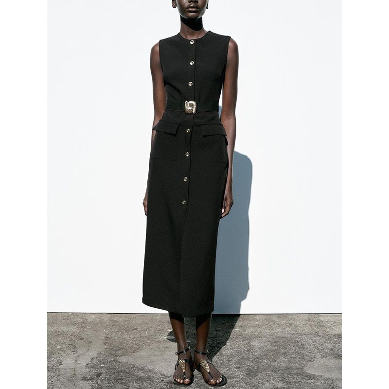 Summer New Product Women's Clothes Decorated Row Button with Belt Crepe Sleeveless round Neck Midi Skirt Dress 3897054