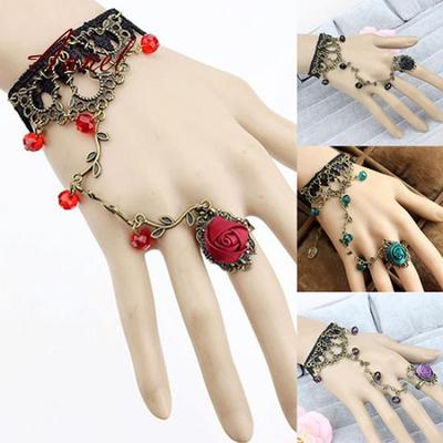Womens Black Lace Bracelet Chain Finger Ring Lolita Gift Gothic Beads Bangle