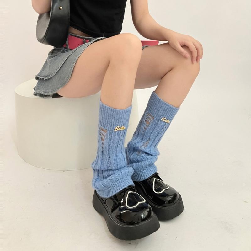 Girl Lolitas Leg Warmers Y2K Destroyed Knitted Flared Leg Sleeve Goth Baggy Cuffs Ankle Heap Socks JK Uniform Foot Cover