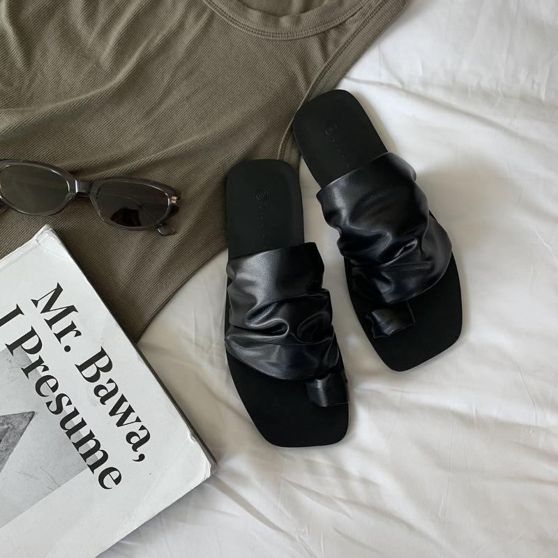 

Мягкая кожаная версия~ Дизайнерские тапочки с квадратным носком и плоским носком, женская летняя верхняя одежда, сандалии из кожи, сложенные складками, полушвабра 40