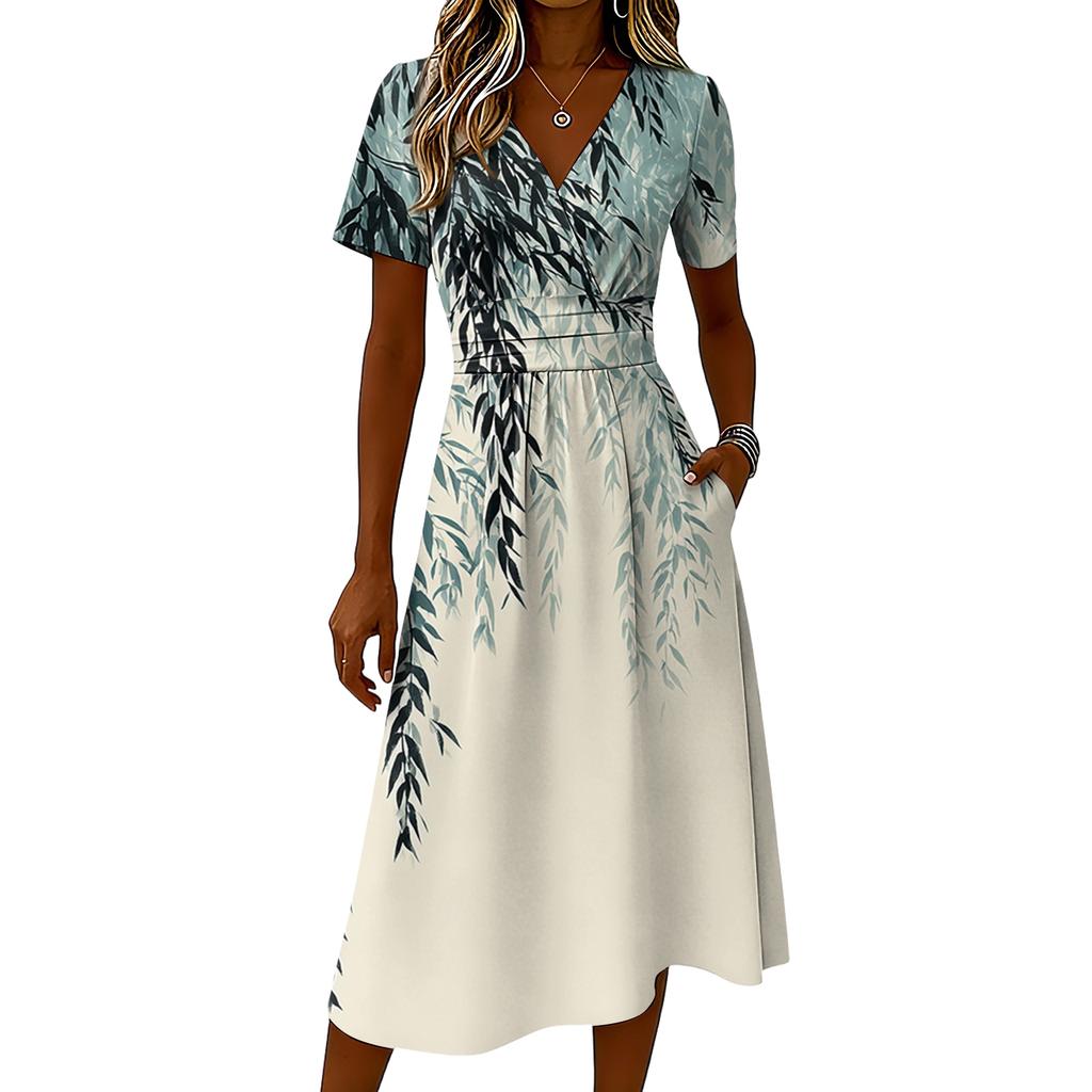 Ladies' Floral Casual Fashionable Short Sleeved V-neck Dress