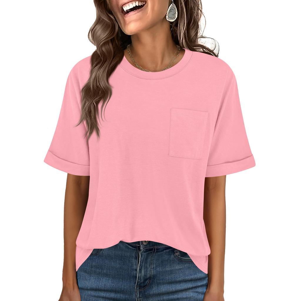 Women Casual Loose Fit Crew Neck Short Sleeve T Shirt with Pocket Comfortable Relaxed Style Lightweight Top for Daily Wear