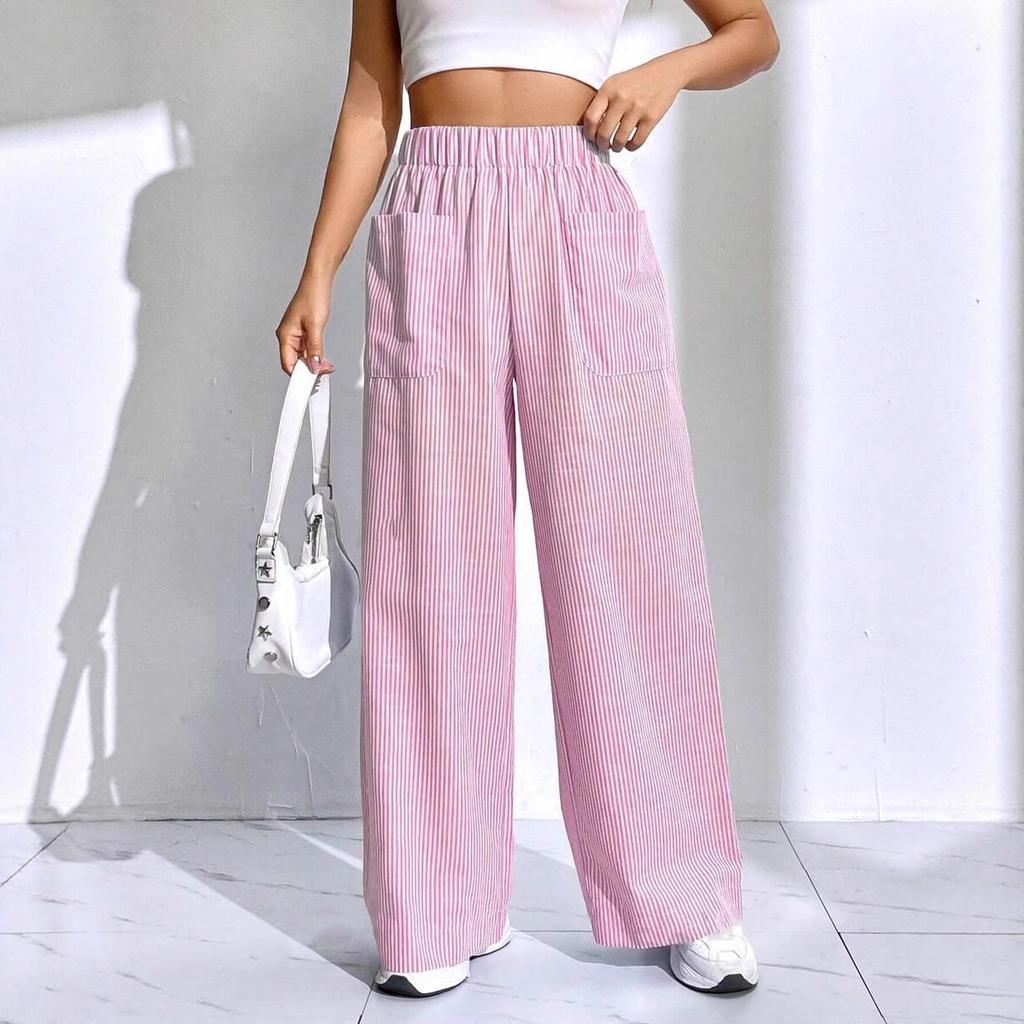 Women's Blue and White Striped Wide Leg Pants with Pockets, High Waist Comfortable Casual Trousers