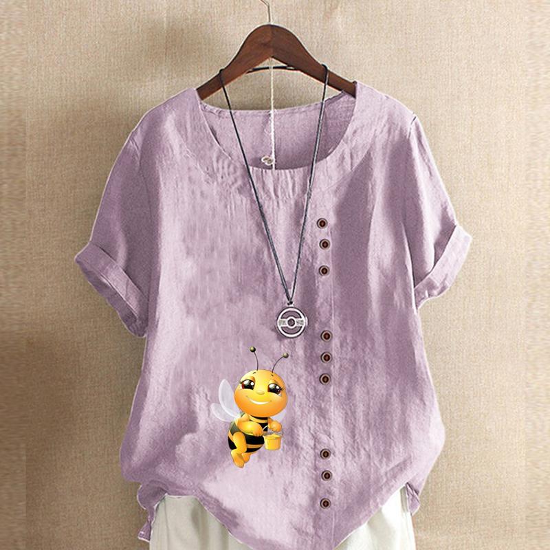 Damenmode T-Shirt mit Honigbienen-Print, Rundhalsausschnitt, kurzärmelig, lässig, Baumwolle, Leinen, Grafik, Freizeit, lockere Sommerbluse
