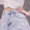 New Summer Women's High Waist Slimming Fashion Craft Diamond Tassel Chain Denim Shorts