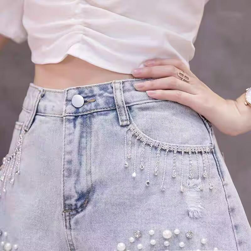 New Summer Women's High Waist Slimming Fashion Craft Diamond Tassel Chain Denim Shorts