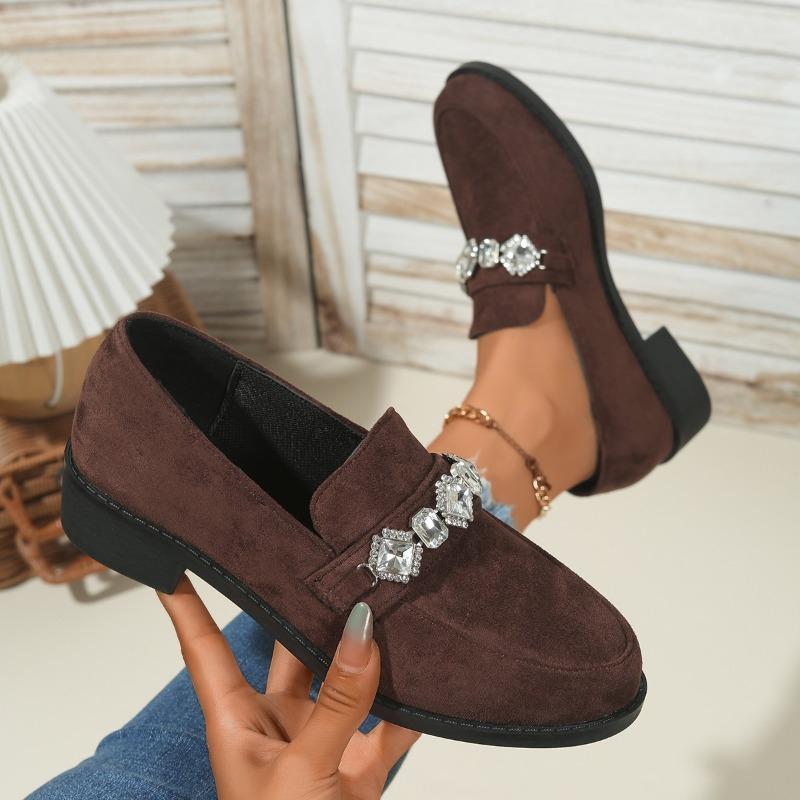2025 Autumn New Rhinestone Suede Low-Top Shoes Thick Heels British Loafers Women
